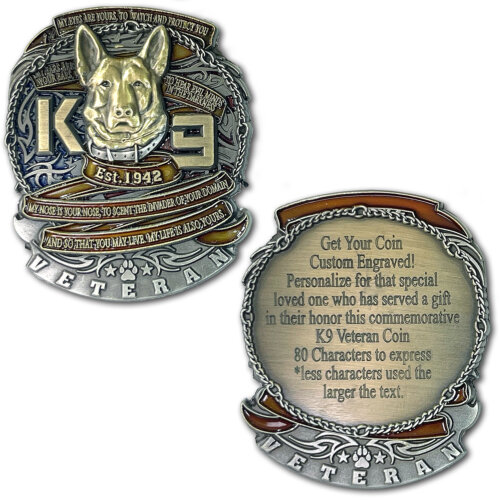 K9 Veteran Established 1942 Custom Engraved Challenge Coin