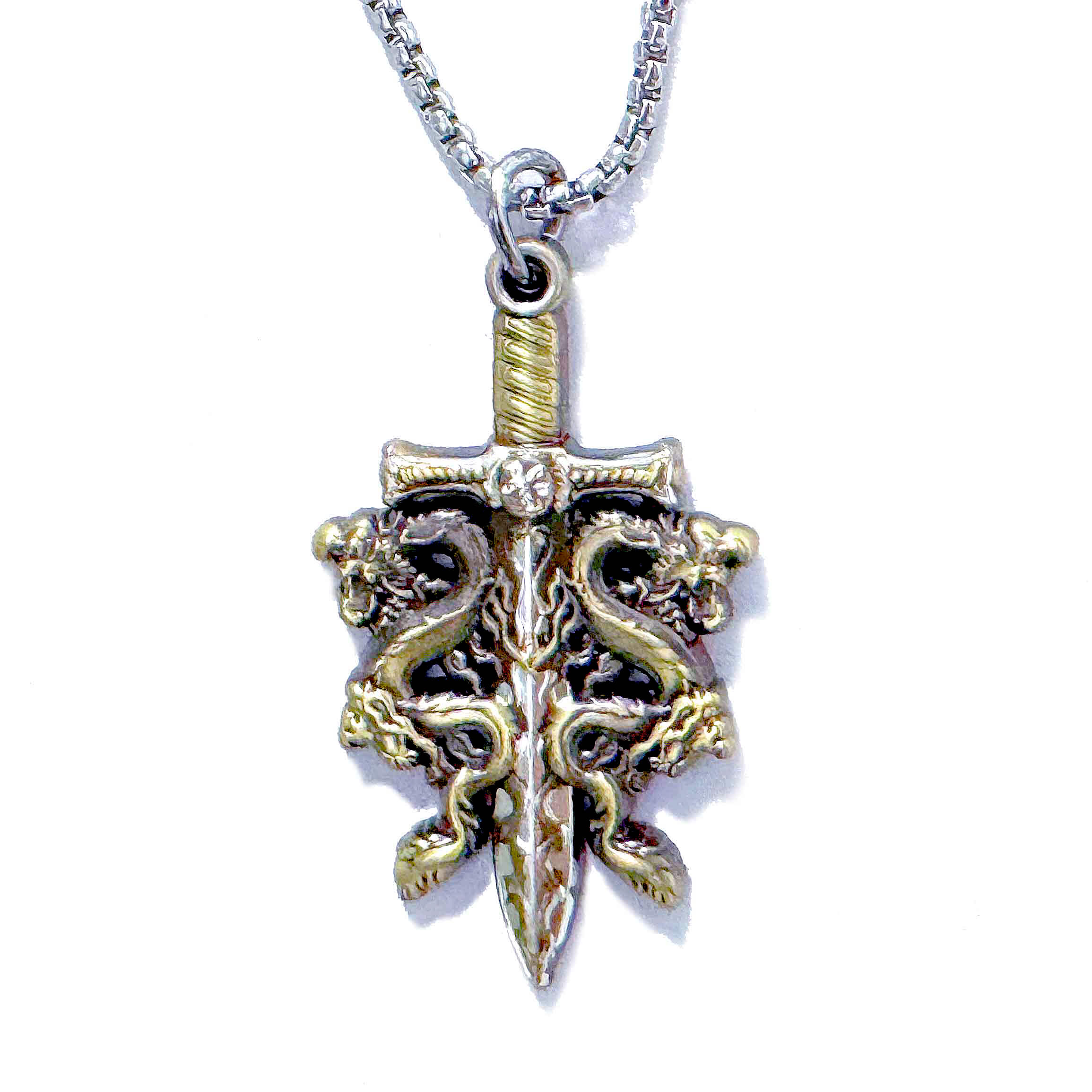 Sword and Double Dragons 24k Gold and Sterling Silver Necklace Jewelry with Chain
