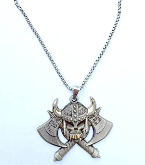 Viking Skull and Double Celtic Hatchets Gold and Sterling Silver Necklace Jewelry with Chain