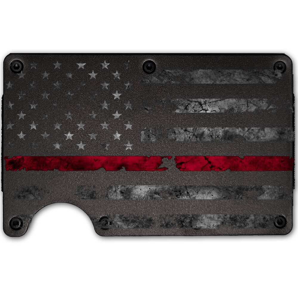 Thin Red Line US Flag Weathered Metal-Plate Cardholder Firefighter Men’s Wallet