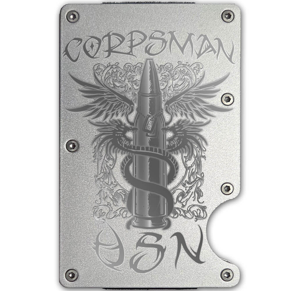 USN Corpsman Tribal Caduceus Laser Engraved Metal-Plate Cardholder Navy Men’s Wallet