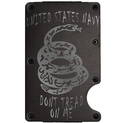 Don’t Tread On Me Rattlesnake Laser Engraved Metal-Plate Cardholder Navy Men’s Wallet A slim, metal minimalist wallet designed with durable metal plates and a secure elastic band system that holds 1 to 12 cards. It also features RFID-blocking technology to help protect your cards from unauthorized scanning. Don’t Tread On Me Rattlesnake Laser Engraved Metal-Plate Cardholder Navy Men’s Wallet Features Ultra-slim minimalist design for comfortable everyday carry Lightweight aluminum alloy construction with a durable stainless steel money clip RFID-blocking technology helps protect credit cards and personal information Strong external money clip securely holds cash and banknotes Scratch-resistant metal body designed for long-lasting use Quick and convenient access to frequently used cards Compact profile easily fits in front or back pockets Modern, professional appearance suitable for business or casual use Ideal for travel, commuting, and everyday organization Custom logo engraving, colors, and OEM/ODM packaging available Specifications Material: Aluminum Alloy with Stainless Steel Money Clip Length: 3 in (7.62 cm) Thickness: 7 mm Weight: 70 g Closure Type: Money Clip Style: Minimalist / Modern Card Capacity: Holds multiple credit cards, ID cards, and business cards Cash Storage: External stainless steel money clip Perfect For Everyday Carry (EDC) Business Professionals Frequent Travelers Daily Commuting Outdoor Activities Credit & Debit Cards Business Cards ID Cards Corporate Gifts Father’s Day, Birthdays, and Holiday Gifts What’s Included 1 × Slim RFID Blocking Metal Wallet with Money Clip