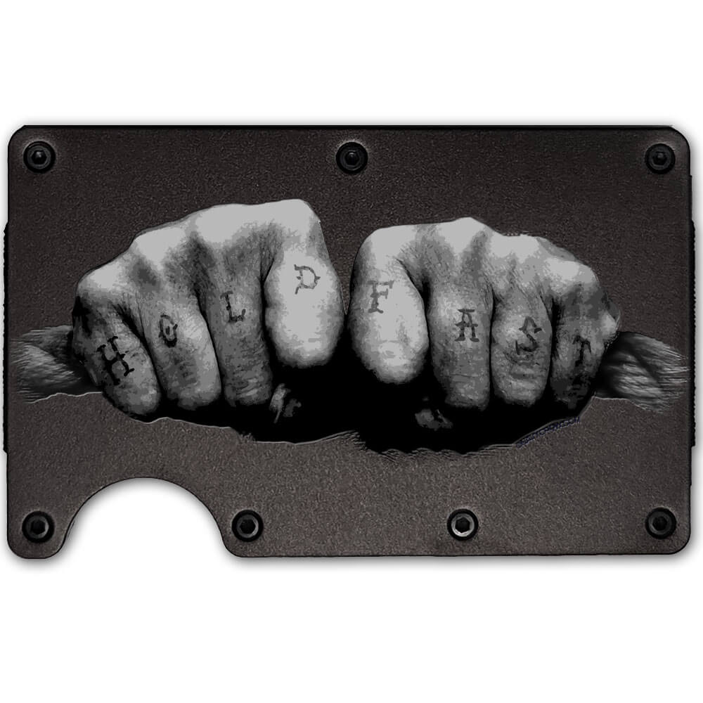 Hold Fast Tattooed Knuckles Laser Engraved Metal-Plate Cardholder Navy Men’s Wallet